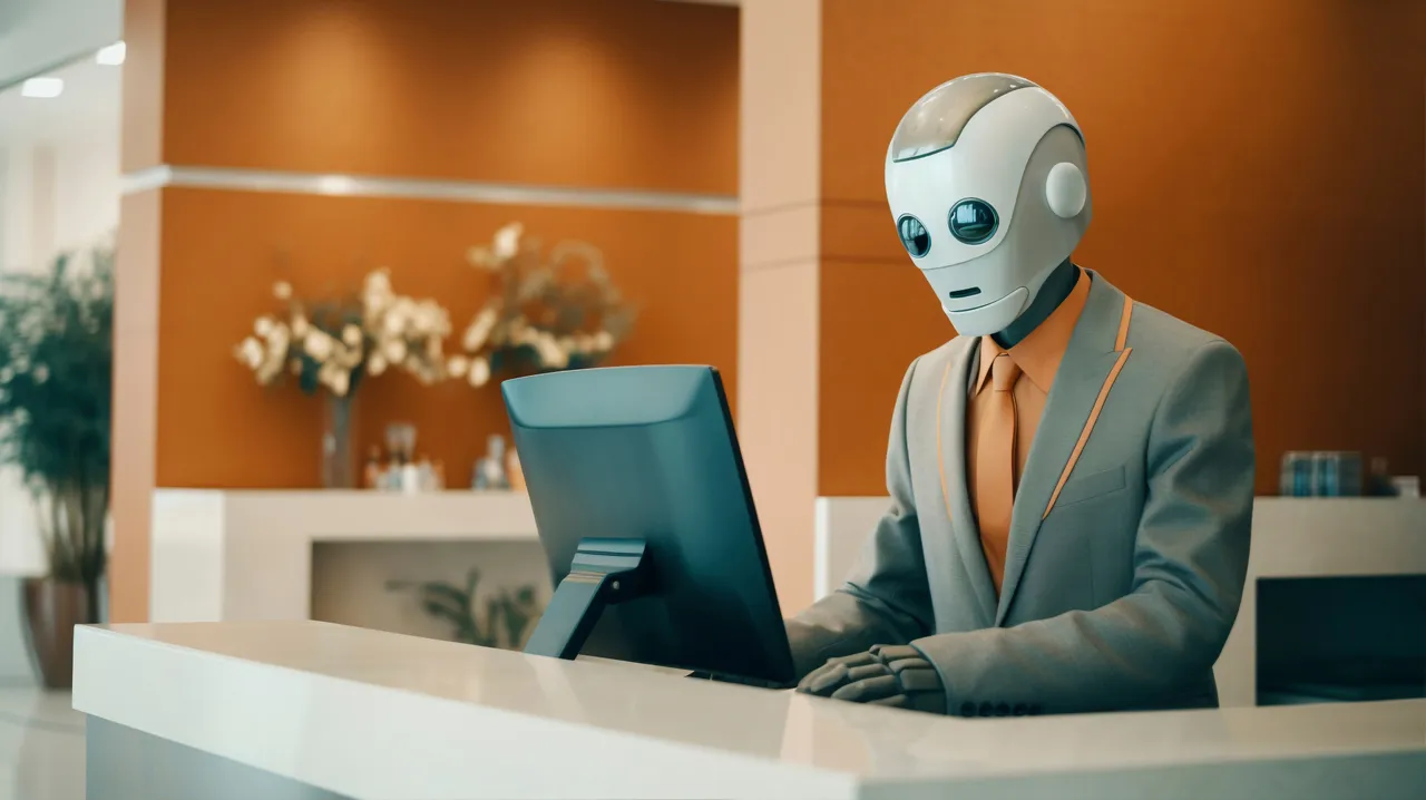 A humanoid AI robot assisting at a modern hotel front desk